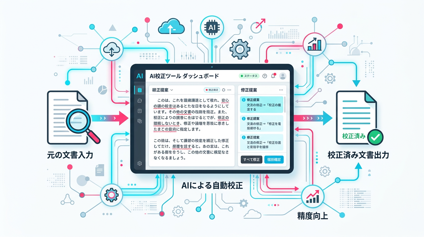 AI文章校正ツールが文書を自動チェックする概念図
