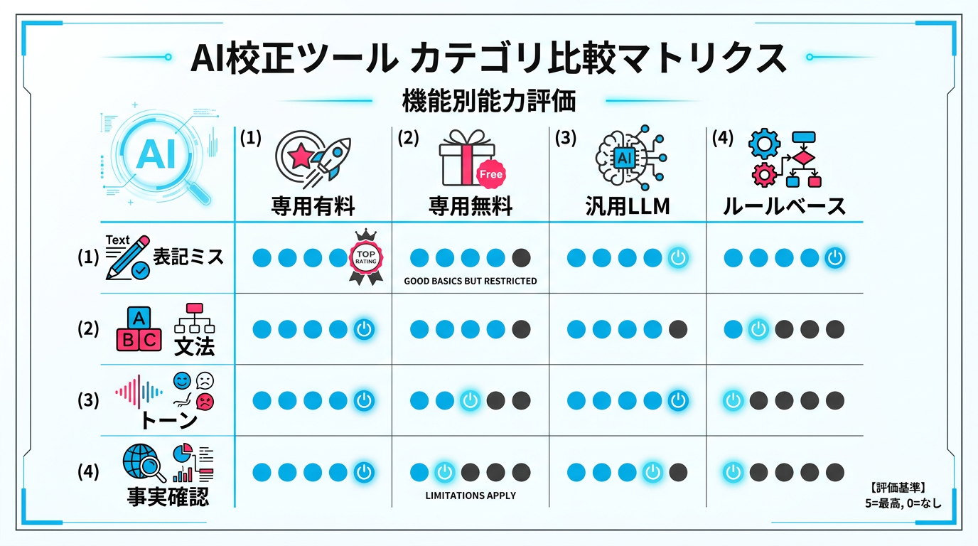 AI校正ツールの検出レベル別対応状況の比較図