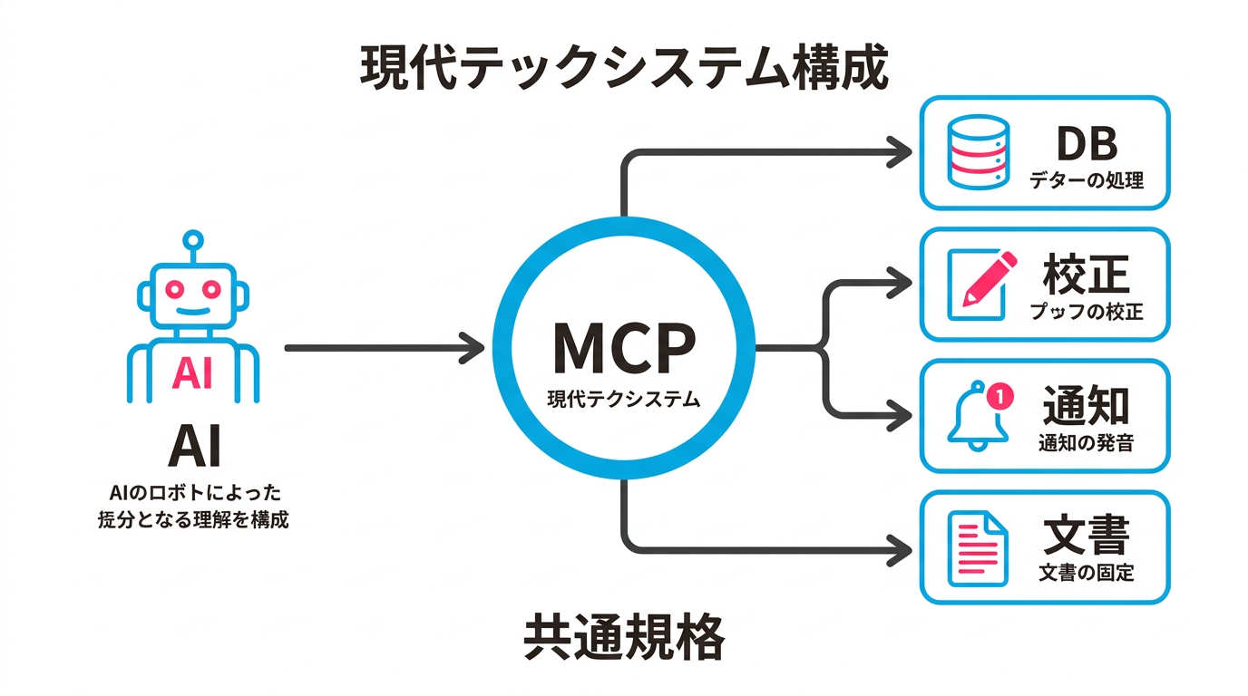 MCPがAIと複数の業務ツールをつなぐハブとして機能する概念図