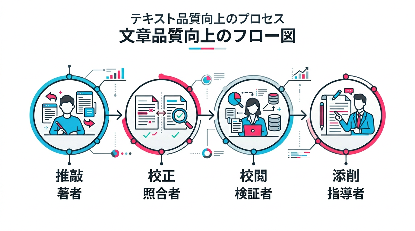 推敲・校正・校閲・添削の4つの工程を示すフロー図