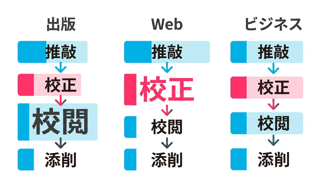 出版・Web・ビジネスの3業務における校正・校閲フロー比較
