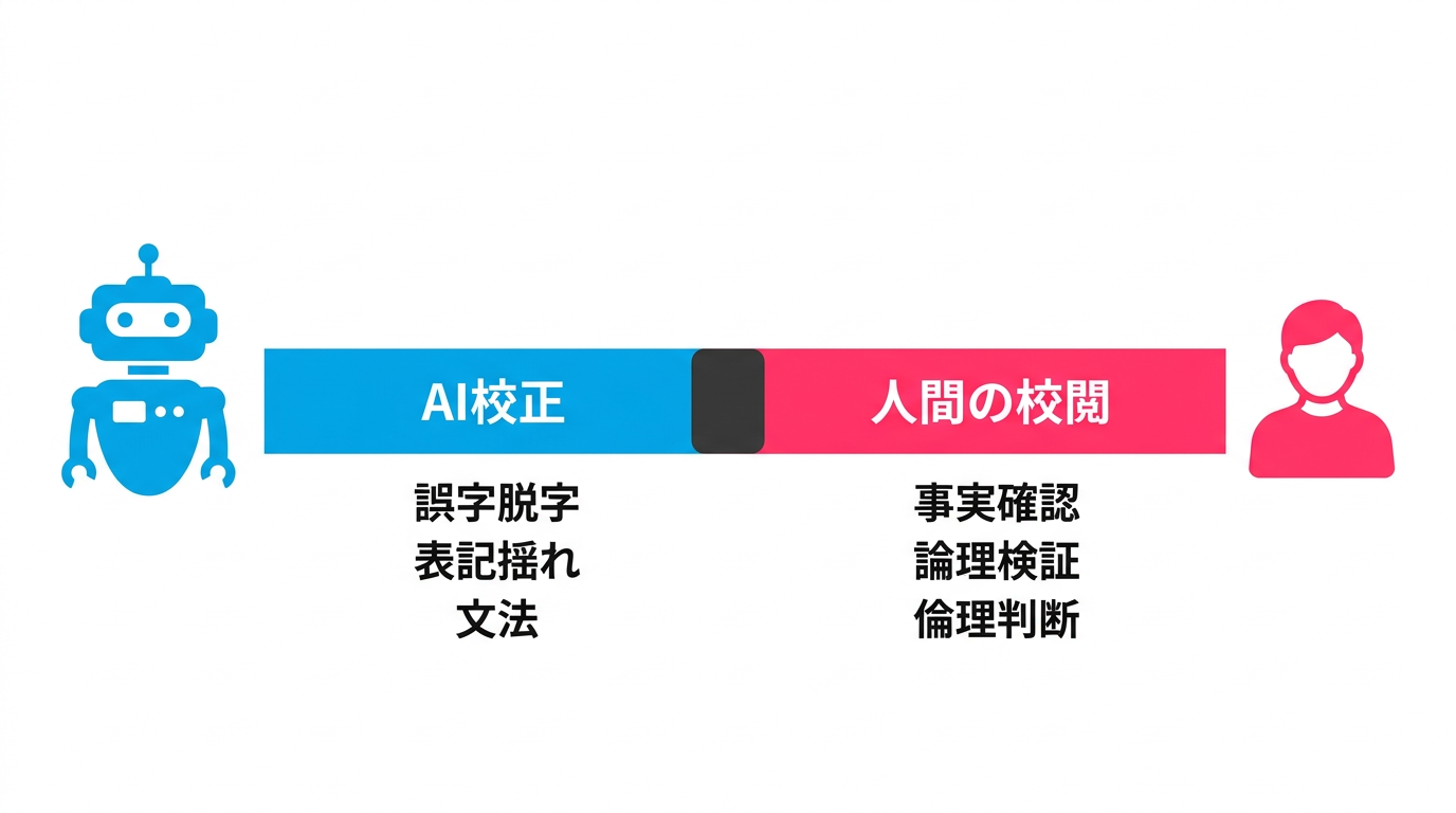AI校正と人間の校閲の守備範囲を示す分業モデル図
