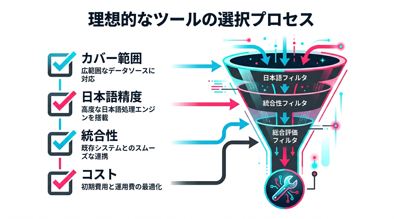 AI校正ツール選定の4つの判断基準を示すフロー図