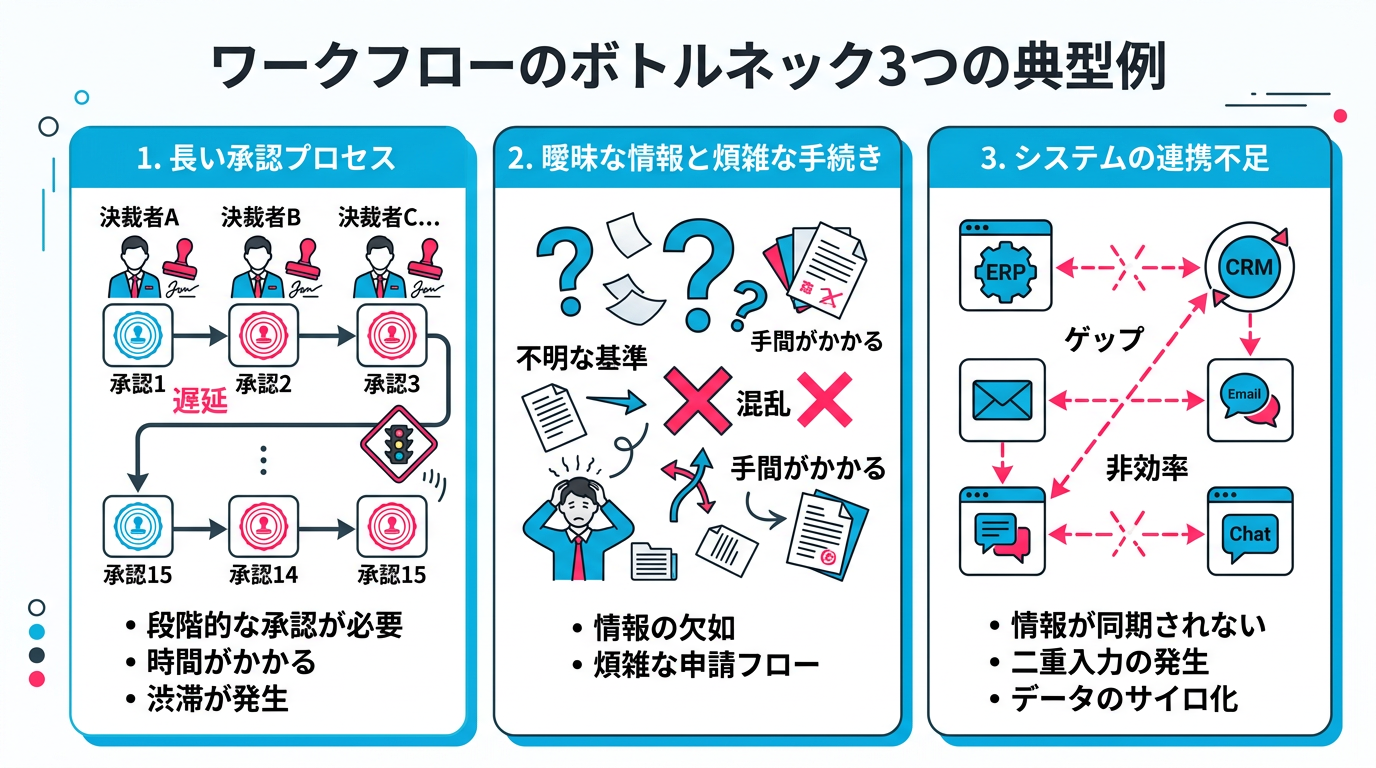 承認フローのボトルネック3類型を示す図