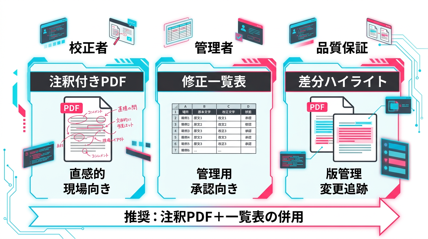 PDF校正の差分レポート3形式の比較