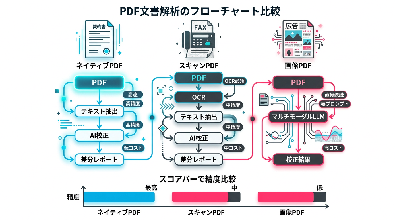 PDF種別ごとの最適校正アプローチ
